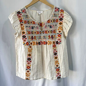 THML Ivory Embroidered Boho Sz Small Top Ruffle Flutter Sleeves Peasant Hippie
